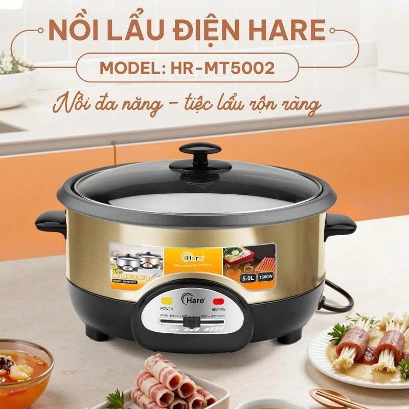 Nồi Lẩu Điện Hare 5L Công Suất 1500W Lòng Chống Dính Vung Kính Đa Năng Nấu Xào…