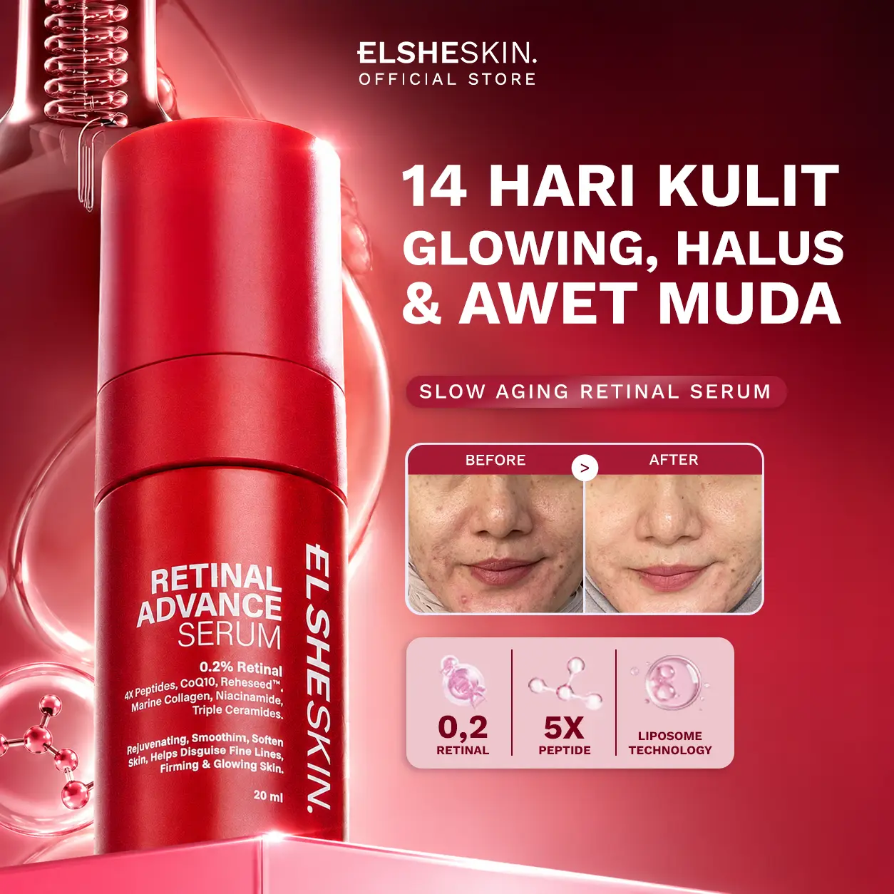 Elsheskin Retinal Advance Serum 20ml Essence Aging  Mengencangkan Pencerah Hitam Vitamin Kering Mencerahkan Hyaluronic Muka Kerutan Perawatan Acid serum pencerah Wajah Pria Bopeng