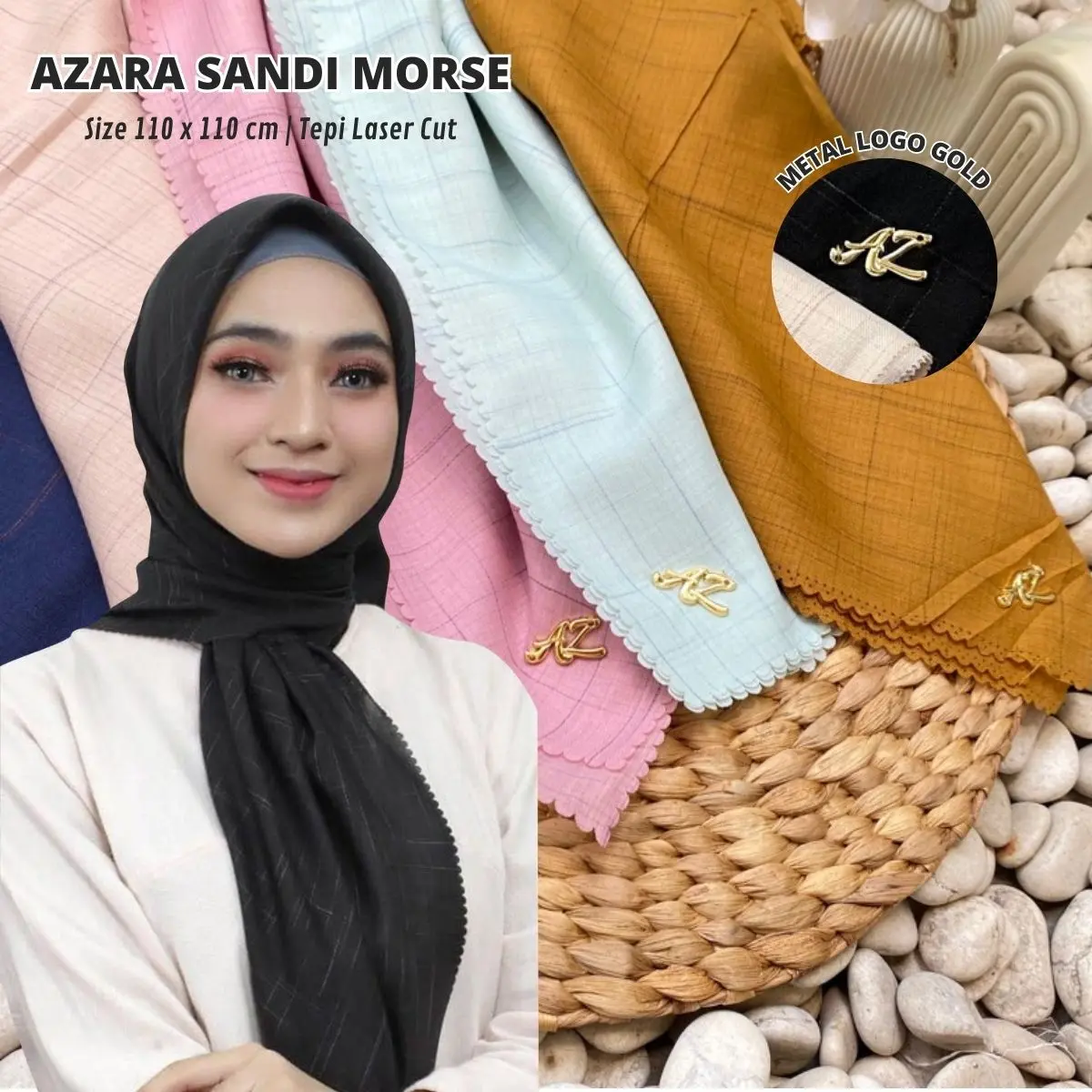 Azara Sandi Morse jilbab segi empat voal waffle metal logo emas hijab square kerudung laser cut