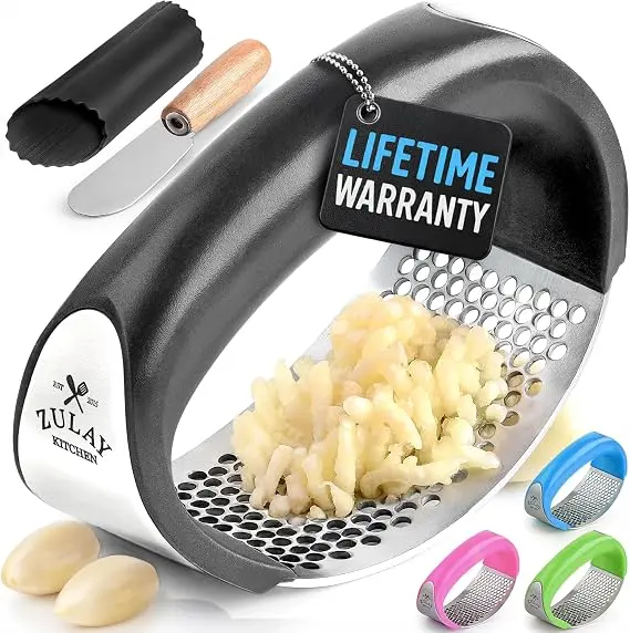 Zulay Stainless Steel Garlic Press Rocker Set - Premium Garlic Mincer- Arc Shape Design Garlic Crusher With Comfortable Grip (Black)