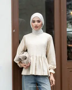 Orimoza Peony Pleats Blouse Korean Ballon Sleeve Polo Linen Impor