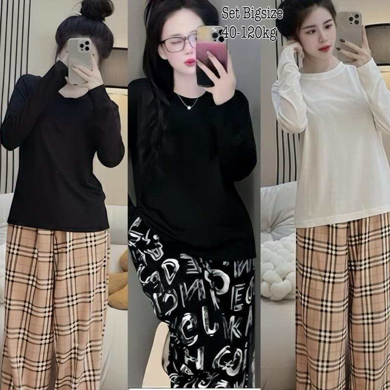   Ưu Đãi Độc Quyền TTS  - Én Nhỏ Có Bigsize 50-115kg - Set Bộ Dài Bigsize Nữ Áo Thun Cổ Tròn Tay Dài Kèm Quần Dài Vải Lụa Mịn Mát Dễ Thương Cao Cấp Xinh Đẹp Sang Trọng Áo Top Sen Màu Đen Set Đồ Nữ đẹp Set Áo Bộ Nữ Sang Chảnh Bigsize Women Trắng Kem - 2515 