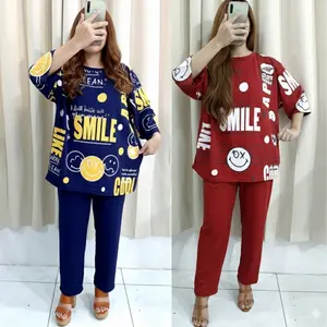 Setelan wanita lengan 7/8 adem murah hemat motif gambar cool SMILE pakaian perempuan dewasa