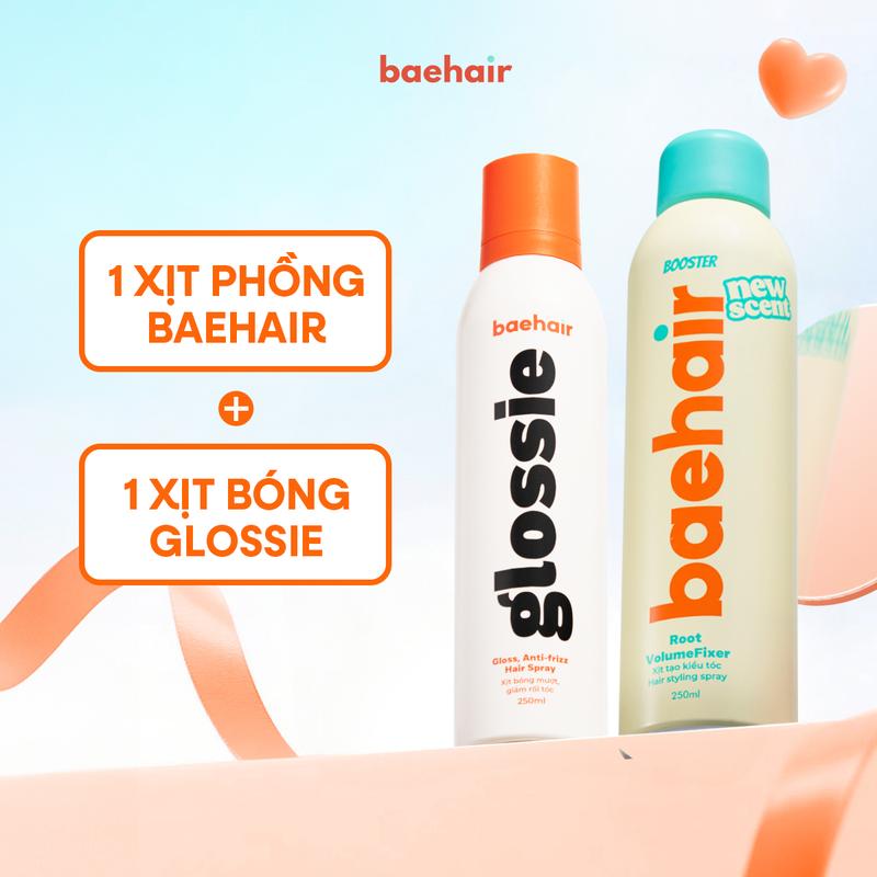 Combo Tóc phồng Bóng mượt gồm Xịt phồng tóc tạo kiểu Baehair Booster 250ml và Xịt bóng tóc mềm mượt Glossie 250ml