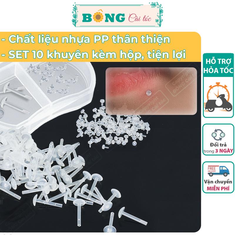 Set kèm hộp khuyên môi nhựa trong suốt đầu tròn dẹt giữ lỗ không gây kích ứng KMO10 - khuyên nhựa BÔNG Cài Tóc