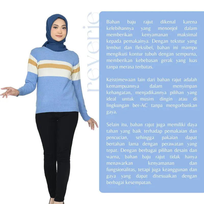 REVERIE - Lavena Blouse Knit - Warna Biru Muda Putih Cream - All Size 46cm Strech to 60cm  | Atasan Rajut Wanita | Sweater Rajut Wanita | Baju Rajut Wanita | Atasan Rajut Casual | Knit Stripe | Knit Top 1