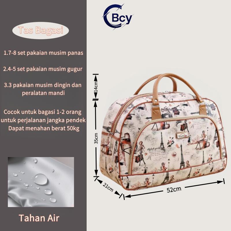 CBCY Tas Perjalanan Kapasitas Besar 50 Liter multifungsi PU Tahan Air Unisex Gaya Eropa Amerika Cetak Kartun Tas Tangan Koper Akhir Pekan Keluarga Travel Wanita Pria Mudik Grid Hitam two way zipper zips