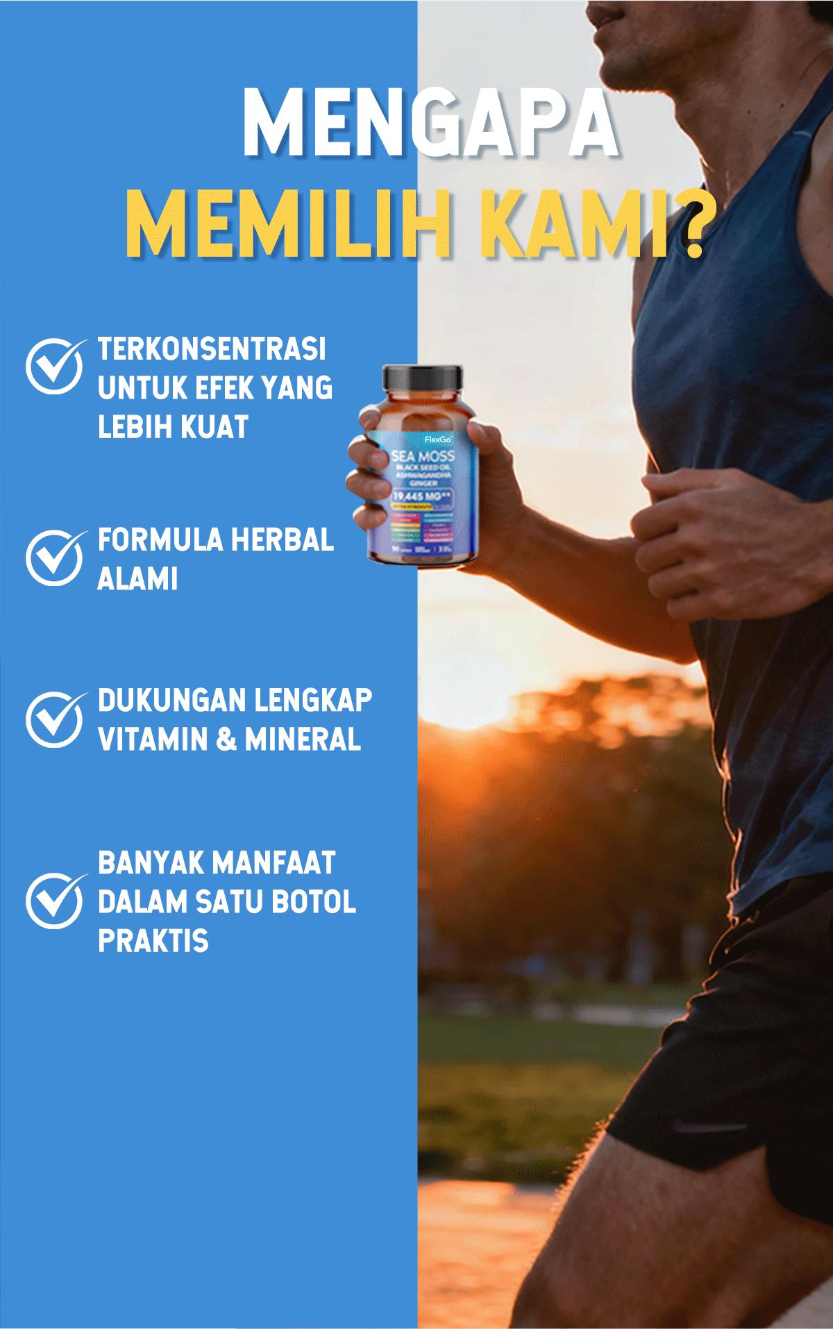 FLEXGO Sea Moss，Black Diamond Oil & Ashwagandha Capsules – Suplemen All-in-One untuk Energi，Tingkatkan Energi, Tidur Nyenyak & Turunkan Kortisol – FDA & GMP