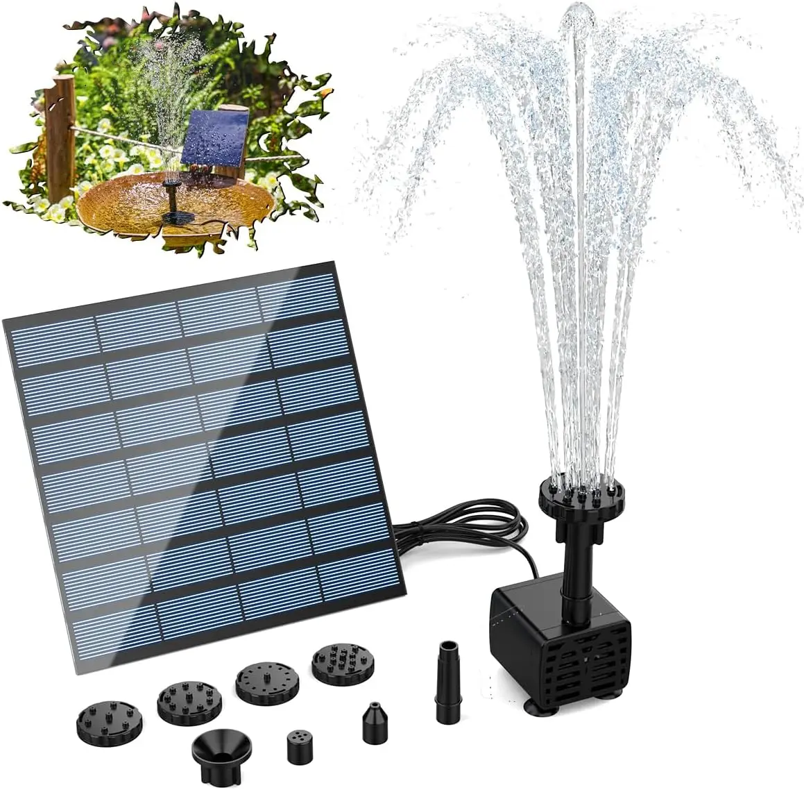 AISITIN DIY Solar Fountain Pump, Solar Panel Pond Powered Water Feature Pump with 6 Nozzles, DIY Solar Pond Pump for Garden, Bird Bath,Pool