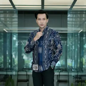 EXPLORA.ID ETNIK NAVY Kemeja Batik Pria Premium Lengan Panjang Lapis Furing Katun Halus Prima Lembut Slim Fit Nyaman untuk Acara Formal & Santai