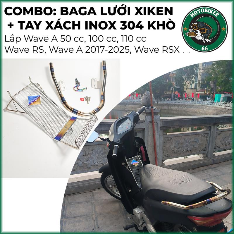 [Tặng móc treo đồ] COMBO Baga lưới xiken + Tay Xách Khò màu inox 304 lắp xe wave alpha 50/100/110cc/RSX cực chất Phụ Kiện Phụ Tùng Xe cảng  titan cảng wave  kieng