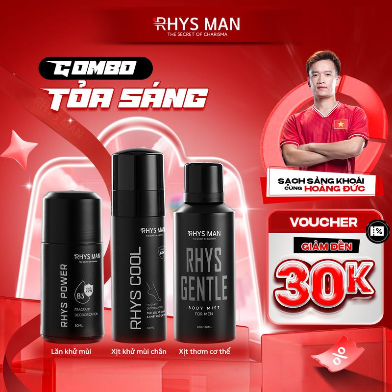  Combo Toả Sáng - Lăn nách nam giới 50ml & Xịt thơm chân 100ml & Body mist nam 120ml RHYS MAN tặng kèm Set Túi Hộp 