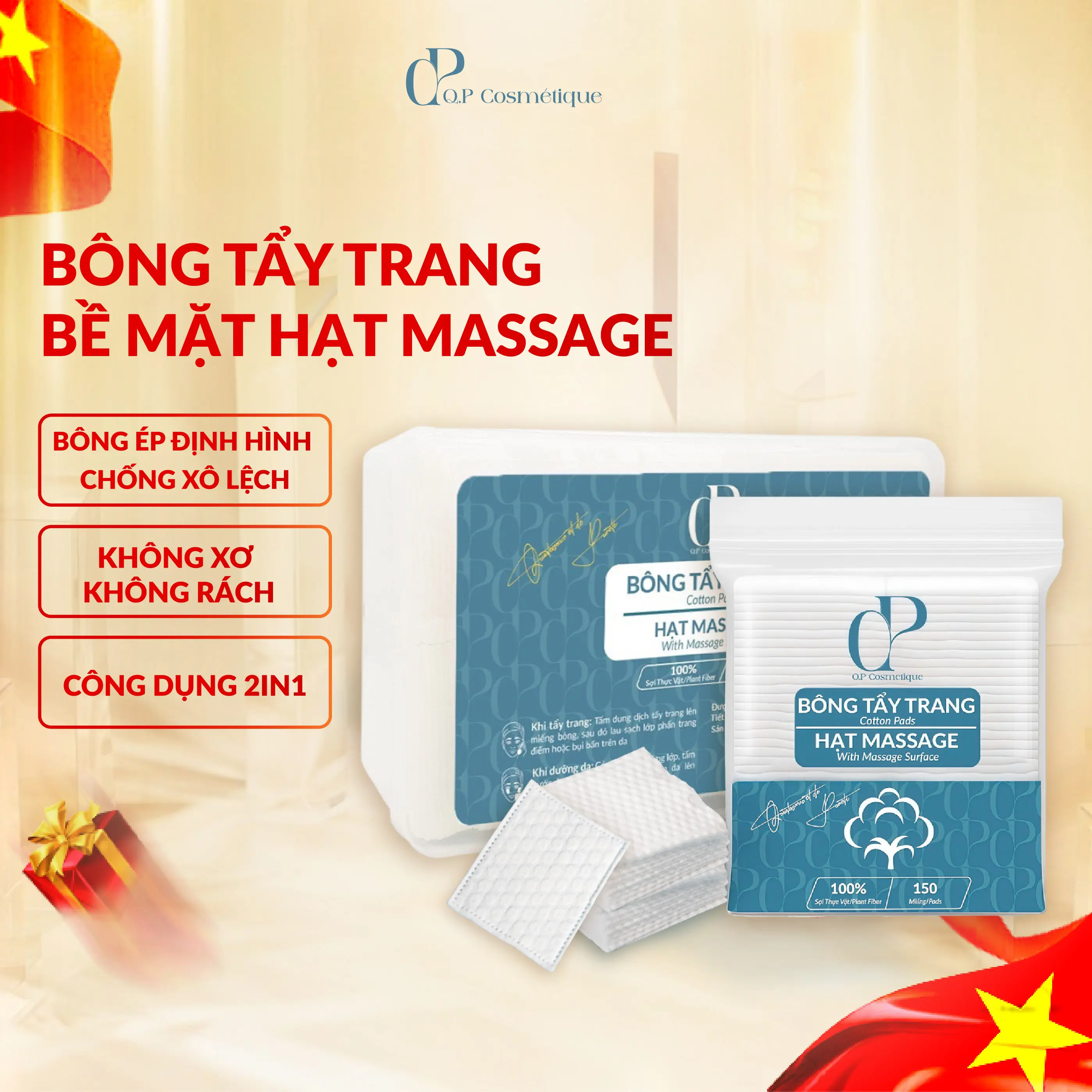 Bông Tẩy Trang Ép Định Hình Q.P Cosmétique Không Xơ Rách, Hạt Massage Sạch Sâu