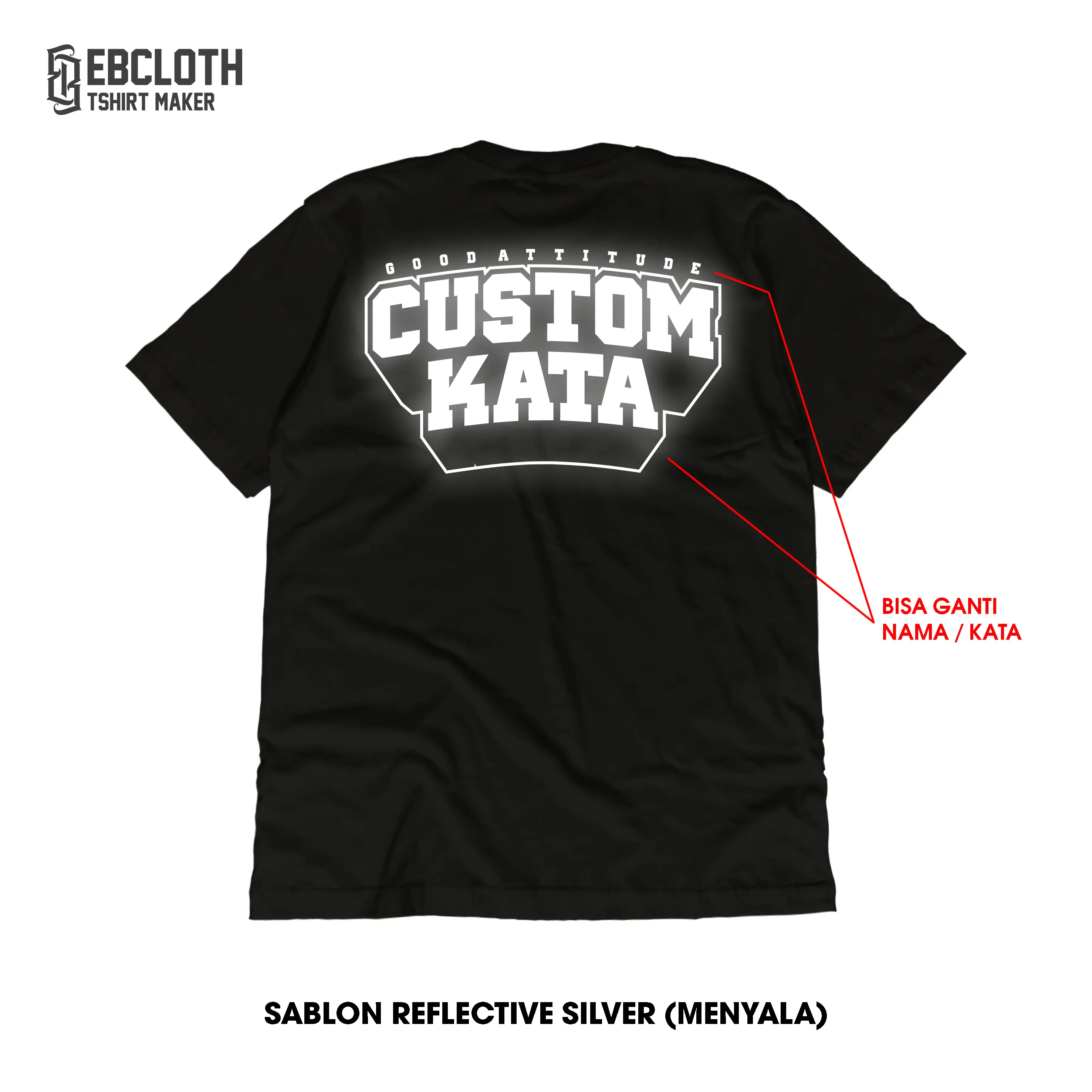 [EBCLOTH 07] CUSTOM KAOS REFLEKTIF SABLON NYALA HOLOGRAM RAINBOW CUSTOM KATA/NAMA KATUN COMBED HITAM DISTRO