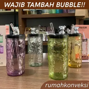 Gelas Kaca Tutup BOTOL BERUANG Panjang 350ml Gelas Kaca Aesthetic FREE BOX