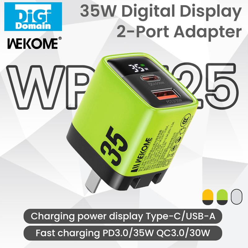 Digi  WEKOME Củ sạc nhanh GaN,35W WP-U25, Màn hình nguồn, 2 cổng, USB-A và Type-C, Màn hình thời gian thực của công suất sạc, hỗ trợ PD / QC / PPS / FCP / SCP, Củc sạc tường Tương thích với máy tính xách tay 15 Pro Max Phụ Kiện Phone sạc  base
