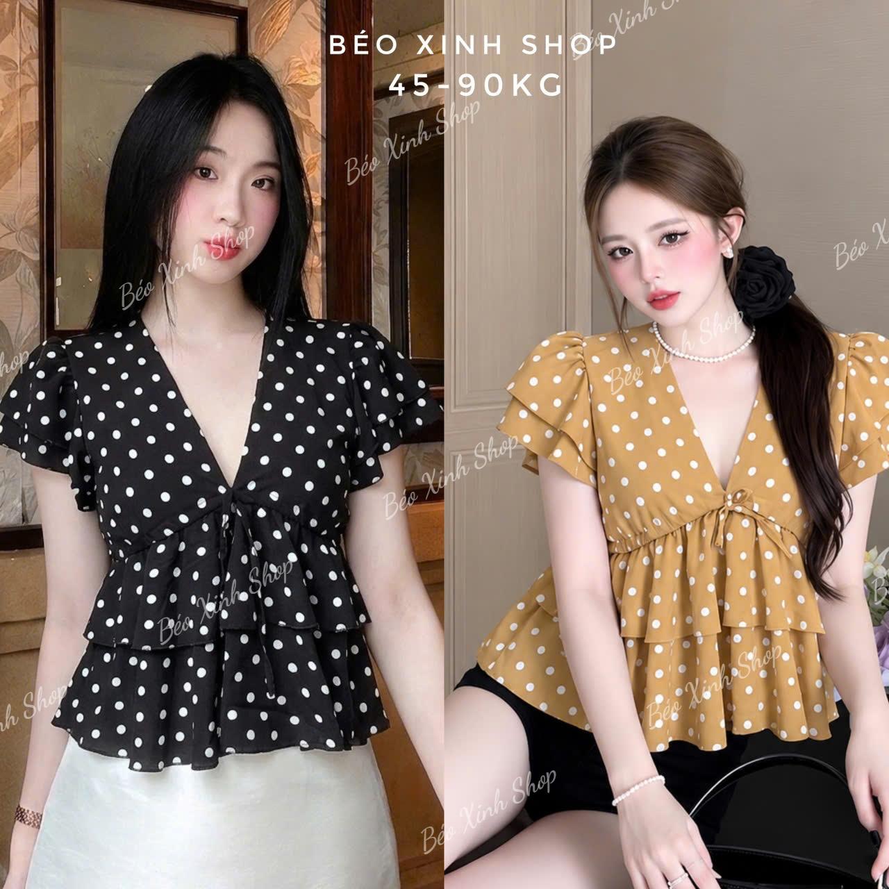 Áo Kiểu Nữ Chấm Bi Cổ Tim Tay Bèo, Chất Lụa Ý Mềm Mịn, Dáng Xòe Che Eo Thanh Lịch 45–90kg - A.1852