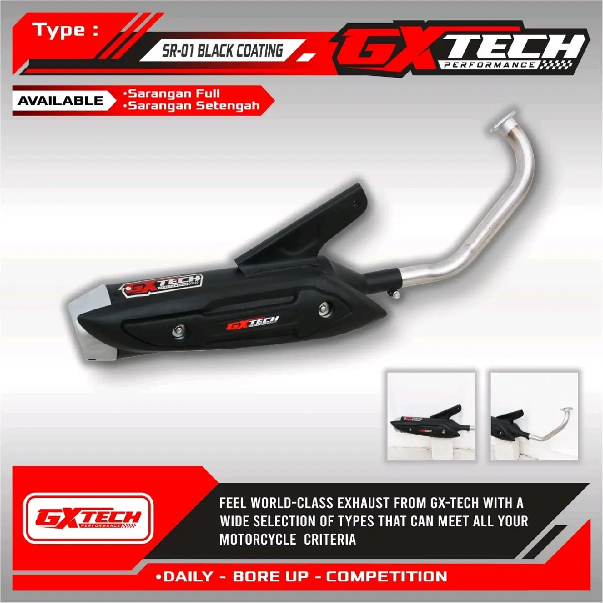 Knalpot Standar Racing GX TECH PERFORMANCE SR-01 Bass Adem Untuk Semua Jenis Motor Matic