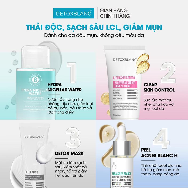 Combo Chuyên Da Dầu Combo Giảm Mụn ẩn viêm se nhỏ lcl thâm da : Mặt Nạ Detox Mask Thải Độc Serum Peel acnes blanc 20ml + Nước tẩy Trang + Sữa rửa mặt dịu nhẹ cho da mụn 150 ml Skincare