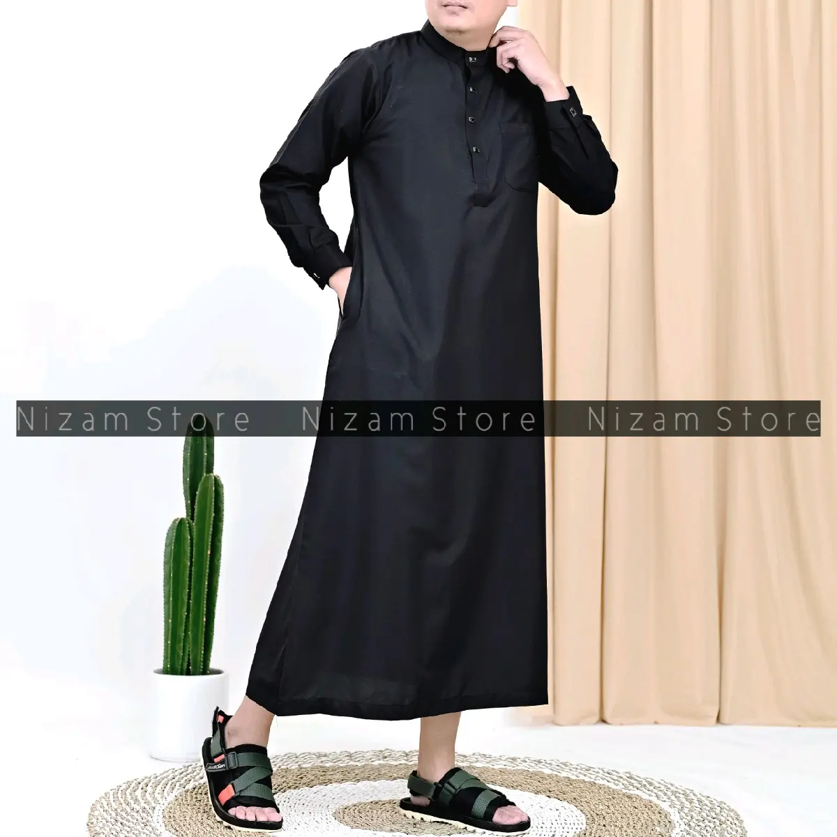 Gamis Pria Jubah Saudi Viral Warna Polos Lengan Manset Kancing Snap Panjang Muslim Dewasa Hitam Putih Katun cowok