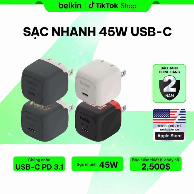Củ sạc nhanh Belkin BoostCharge 45W USB-C Type-C PD PPS cho iPhone iPad, màu xám hoặc Người Nhện, tùy chọn bộ kèm cáp Apple C-C
