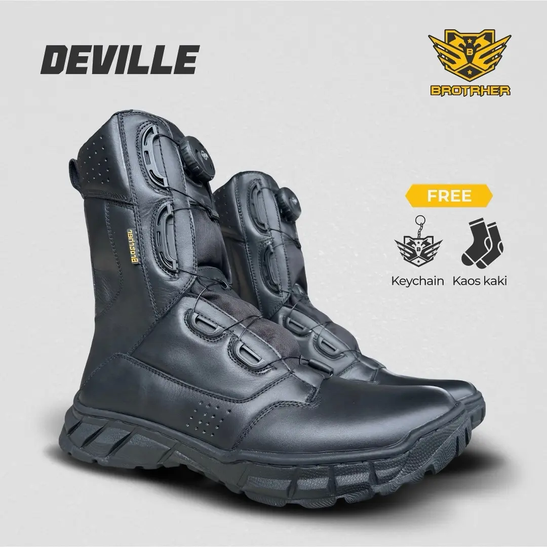 Sepatu Pdl Tali Putar Full Kulit Type Deville Hitam Merk Brotrher Boots