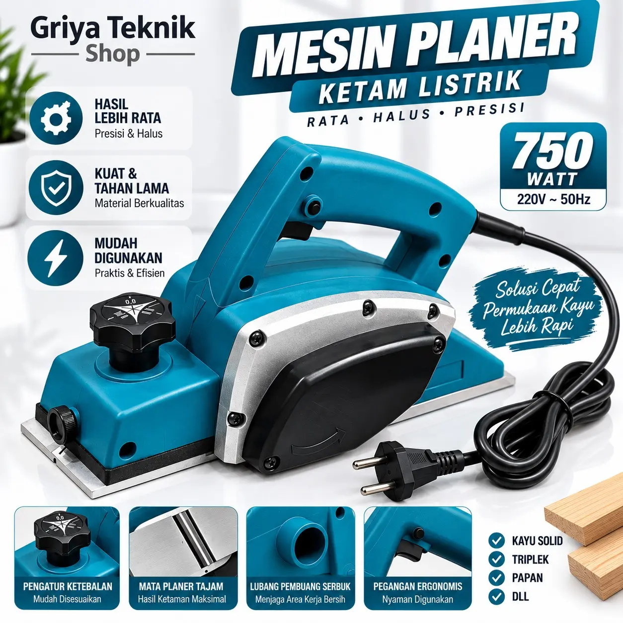 Mesin Planer Serut Kayu Listrik 780 Watt 220V-260V Kecepatan 16000rpm Ukuran 82mm Siap Pakai