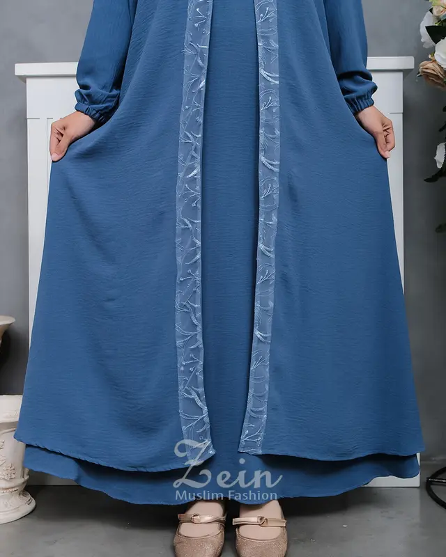 Gamis Mix Brukat Crinkle Airflow Premium Baju Dress Wanita Muslim Dewasa Remaja Kondangan Elegan Mewah Syar'i Terbaru Viral Kekinian Biru Hitam Mutiara Panjang Layer Simple 5