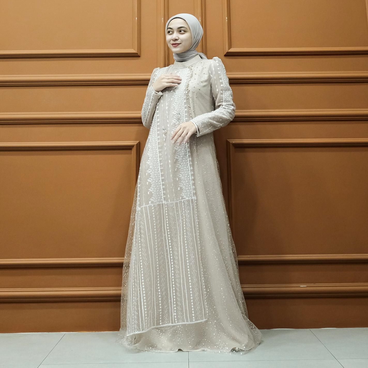 Aisyalina Id Qaissara Series 2 Dress Tanpa Hijab Bahan Ceruty Armany Baby Doll Mix Tile Sparkling Mix Brukat Payet Dress Gamis Wanita