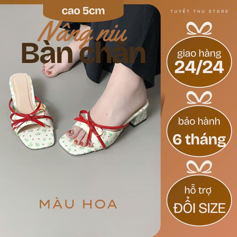 Dép cao gót cao 5cm quai đính nơ sang chảnh mẫu mới 2025