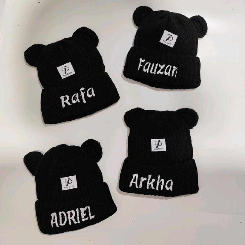 Topi Kupluk Telinga Anak Bayi INURHA Bordir Nama dg LABEL 3