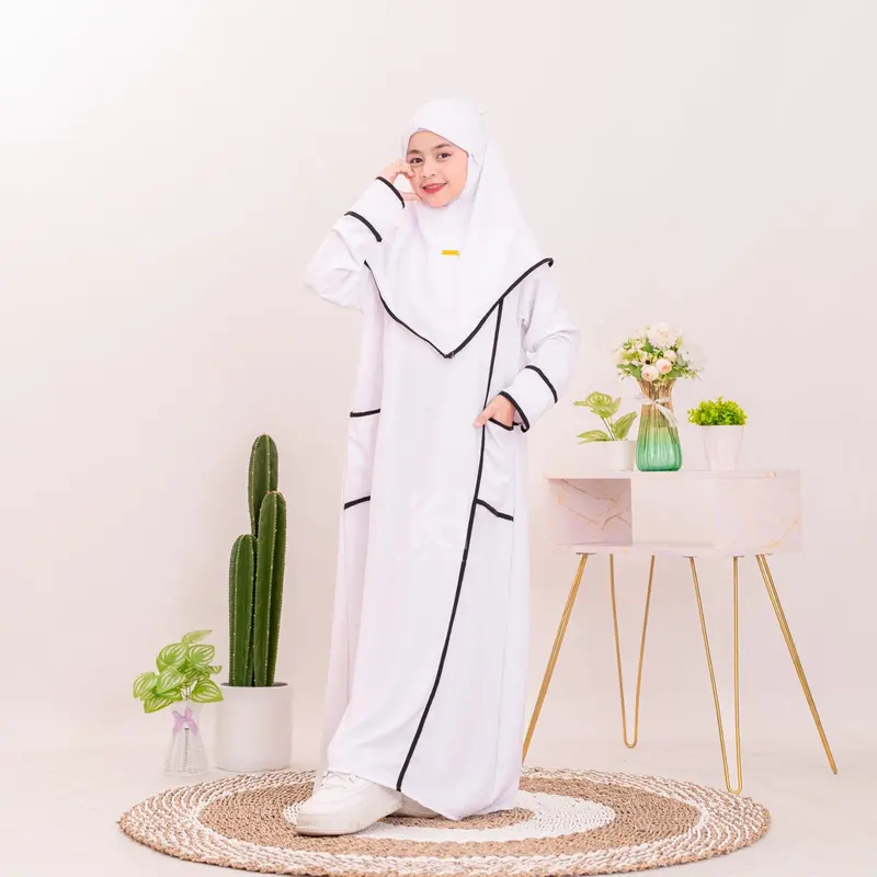 Abaya Anak Set Hijab Baju Gamis Anak Perempuan Umur 5-13 Tahun Model Kombinasi List - Crinkle, Airflow Dress Muslim Variasi Hitam Putih Brown Maroon 4