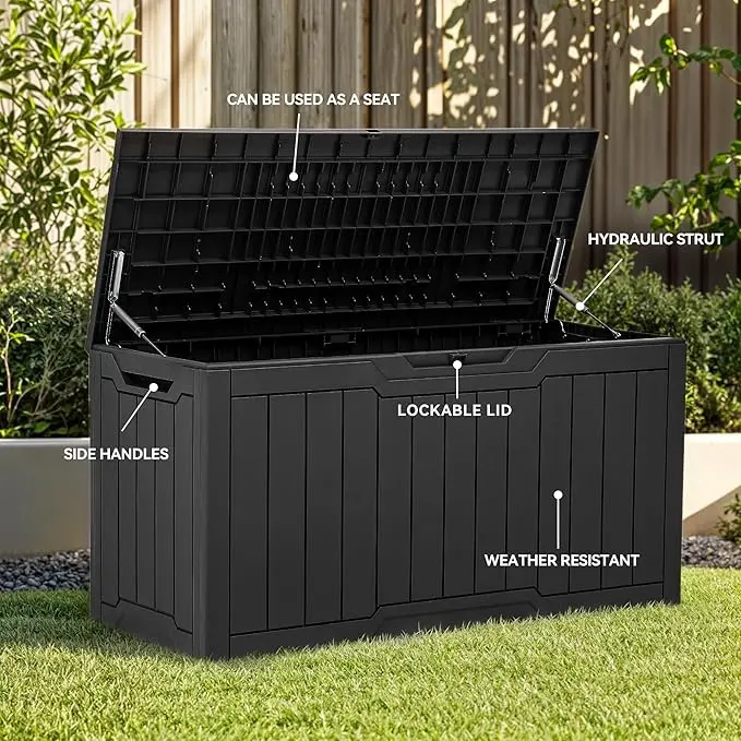 YITAHOME 100 Gallon Resin Deck Box, Weather Resistant Outdoor Storage Box, Lockable Indoor Outdoor Storage for Supplies and Essentials, Black/Taupe/Dark Grey 2