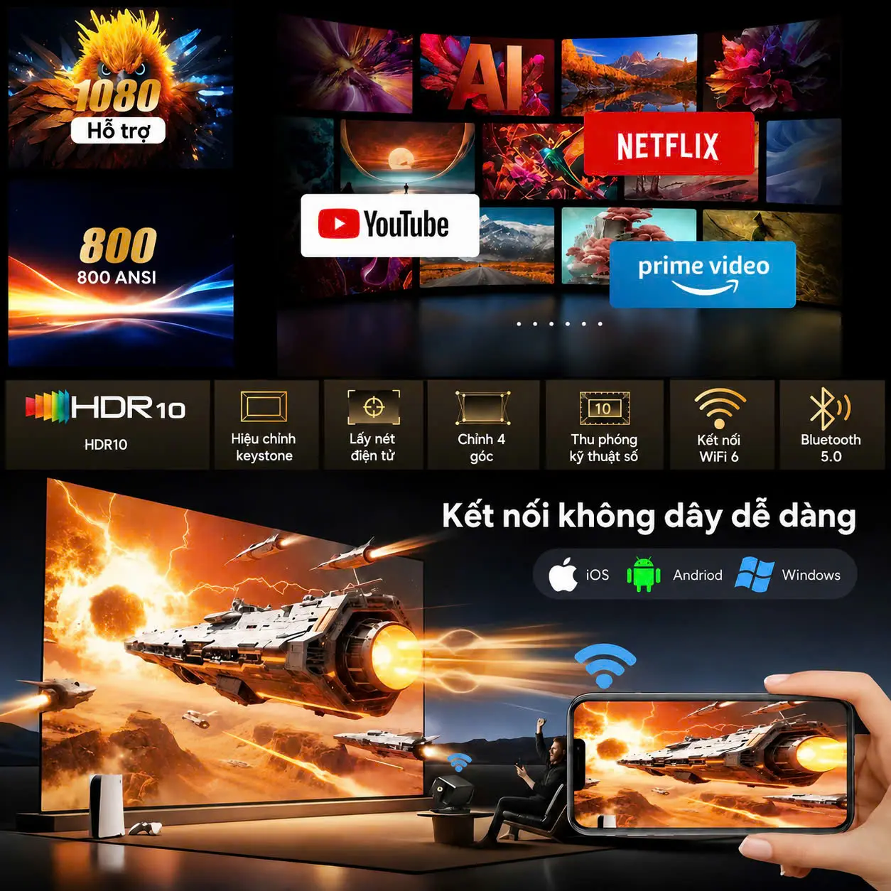 [BT ]Máy chiếu C5 đa năng - Xem phim siêu mượt, Tự động cân chỉnh góc chiếu, Wifi 6 tốc dộ cao, Màn hình 160 Inch cực chill, Rạp chiếu phim tại gia | BigBuy360 - bigbuy360.vn