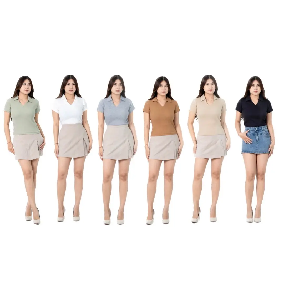 I Look Daily Kayla V Top Reguler Polo Rib Wanita Atasan Kaos Baju Kerah Panjang Pendek