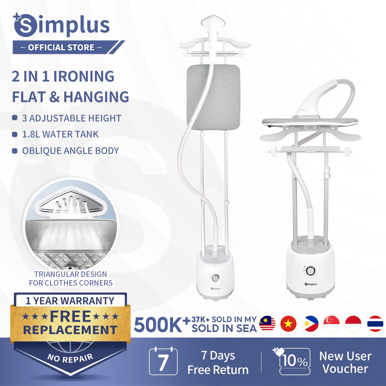 Simplus Garment Steamer 9 Setting Stand Steam Iron 2000W Stainless Steel Iron Board Double Pole 1.8L Watertank