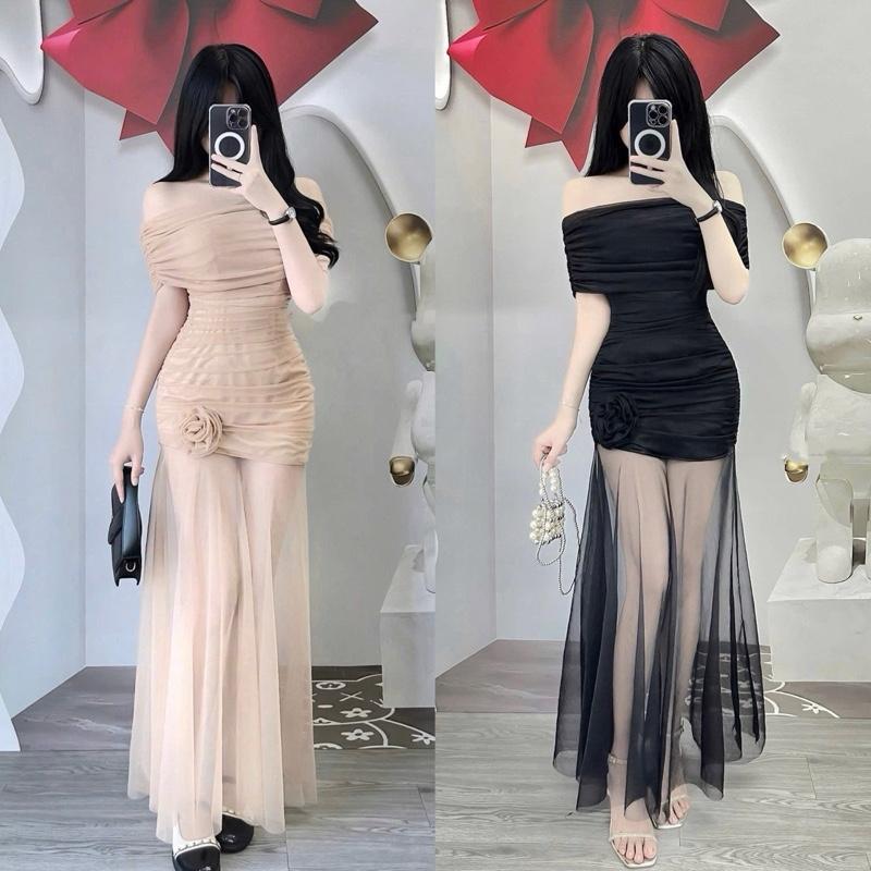 Đầm Body Tùng Lưới Trễ Vai Dự Tiệc Sang Trọng Mặc Nhiều Kiểu Phối Hoa Có Mút - alimecloset - D21