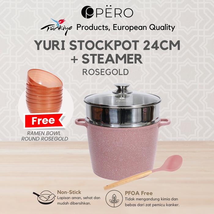 Gambar [KOKO PANCI] Pero Yuri Stockpot 24cm + Steamer Rosegold FREE Ramen Bowl Round  / Panci Granite Anti Lengket / Panci Granite Besar Kapasitas 6 Liter Anti Lengket - Rosegold dari Pero Indonesia Kab. Tangerang 2 Tokopedia