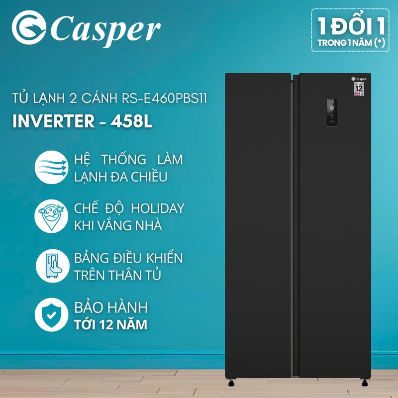 Tủ lạnh Side by Side Casper 458L Đen/Ghi RS-E460PBS11 - RS-460PG - Inveter tiết kiệm điện - Chính hãng - Bảo hành 2 năm