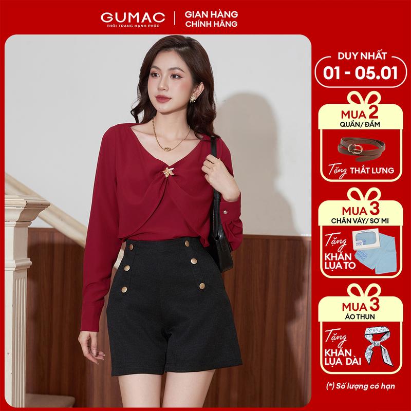   MUA 3 TẶNG KHĂN LỤA TO  Áo sơ mi nữ tay dài cổ V bèo đính phụ kiện trắng đỏ đô sang trọng lụa mát thời trang GUMAC AE12069 