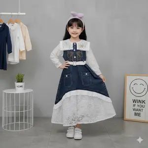Maydia Dress Gamis Jeans Snow Black Lengan Brukat Belt Pita Anak Perempuan Usia 3-10 Tahun Virall Fashion Import Bahan Nyaman Gaya Modis Cantik Full Jans Bordir