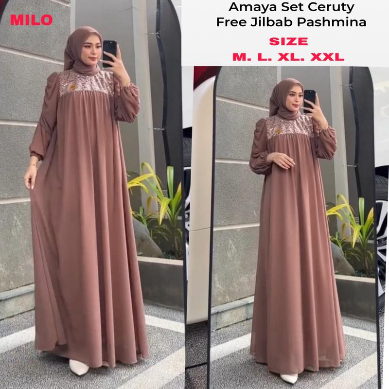 Gamis AMAYA SET JILBAB Dress Remaja Kekinian Maxi Dres Ceruty Mix Brukat Spangle Payet Import Dress Pesta Termurah Kerja Muslim Wanita Kondangan Lebaran Mewah 2