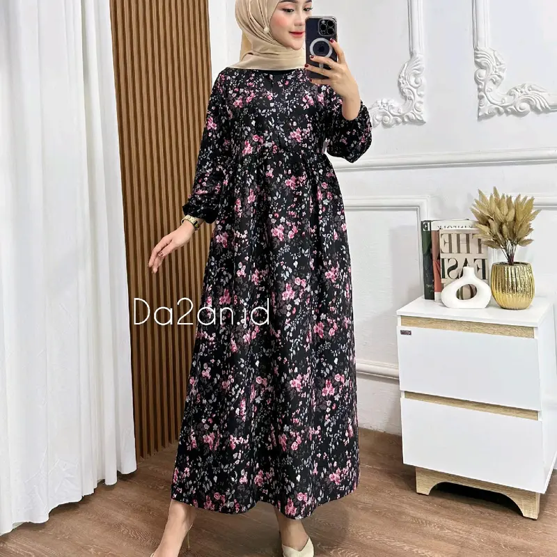 Midi Dress Flower Busui Friendly Santai A-Line Bunga Cantik Motif Nyaman Rayon Viscose Menyusui Muslim Zipper Gamis Dewasa Formal Ibu Karet Variasi Panjang Katun dress  vintage lebaran 6