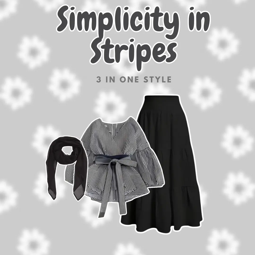 Set 3in1 OOTD Outfit Remaja Kekinian (Korean Blouse Salur Hitam, Hijab Bella Square Hitam, Rok Susun Hitam) - BS125 Cantik