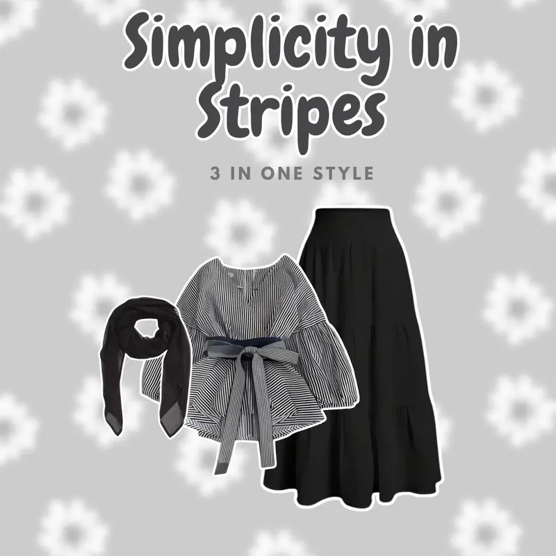 Set 3in1 OOTD Outfit Remaja Kekinian (Korean Blouse Salur Hitam, Hijab Bella Square Hitam, Rok Susun Hitam) - BS125 Cantik 0