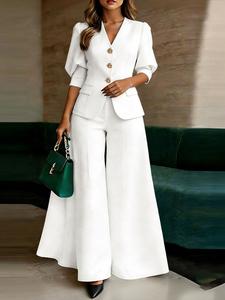 ZANZEA conjunto casual para mujer: prenda exterior de color sólido, cubierta de bolso con mangas tres cuartos y botones, pantalón largo con diseño de cintura, ideal para uso diario