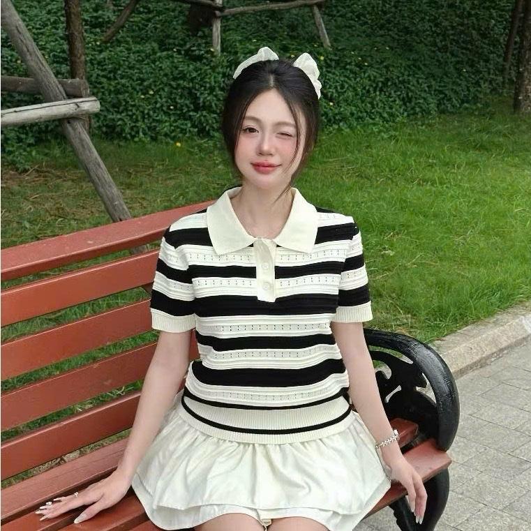 Dưới 70kg- Áo Polo Len Dệt Kim Mỏng Tay Ngắn Gân Sọc  Nữ Tính Phối Cổ Trắng áo kiểu nữ BIGSIZE