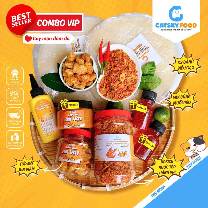 Combo VIP - Bánh Tráng Phơi Sương - Catsky Food - Full Topping Ruốc Tép Hành Phi Có Sốt Muối Béo Chua Cay Nhẹ, Tặng Thêm Topping Hấp Dẫn, Đồ Ăn Vặt Snack Food Combobanh Trang Tuổi Thơ snack  food