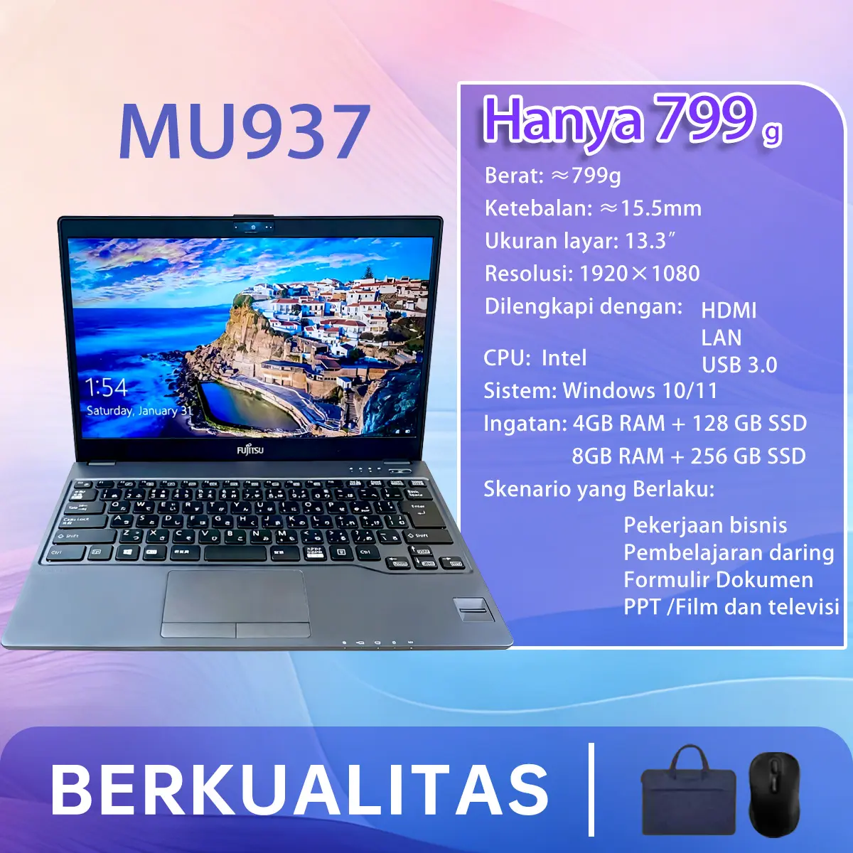 [Pre-owned]  Laptop Fujitsu Futro MU937 Gen 7 intel celeron 3865U Ram 4/8G SSD 128/256GB HDD 500GB bekas Jaminan  Murah
