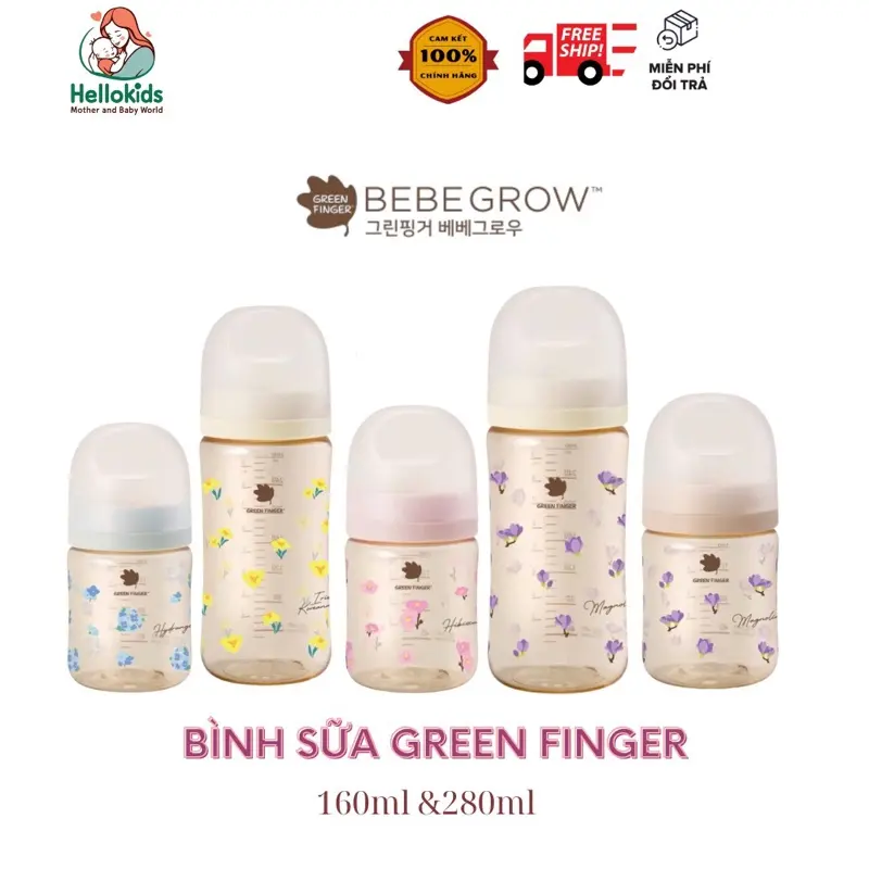 Bình Sữa GREEN FINGER NHỰA PPUS 160ml/ 280ml , núm ti 2 van thoát khí